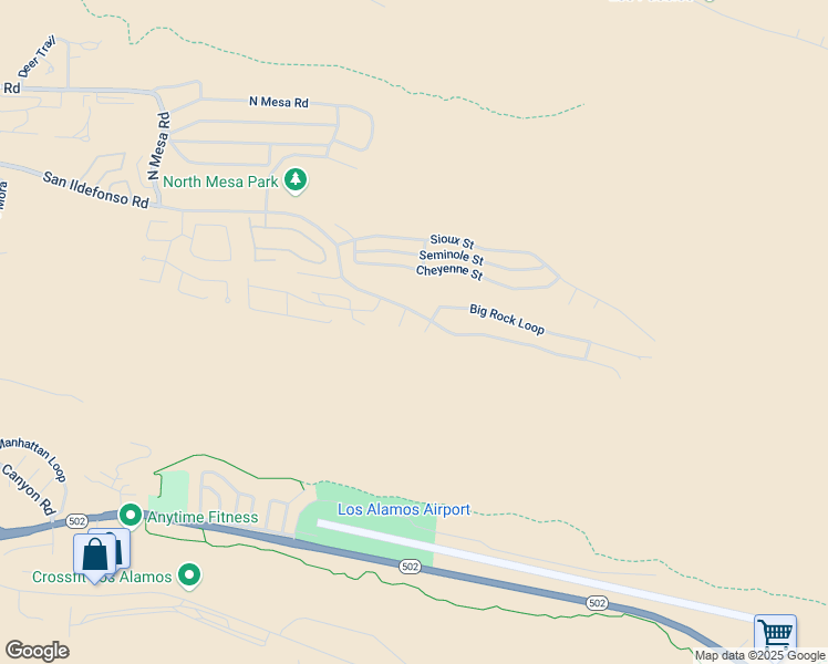 map of restaurants, bars, coffee shops, grocery stores, and more near 1034 Big Rock Loop in Los Alamos