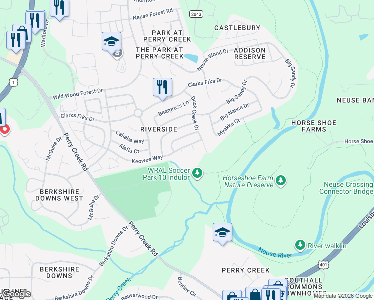 map of restaurants, bars, coffee shops, grocery stores, and more near 8008 Chatahoochie Lane in Raleigh