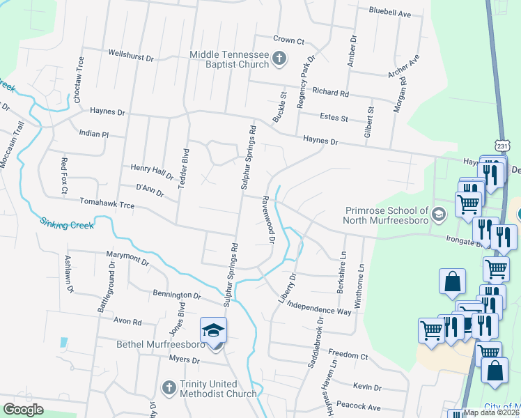 map of restaurants, bars, coffee shops, grocery stores, and more near 2217 Ravenwood Drive in Murfreesboro