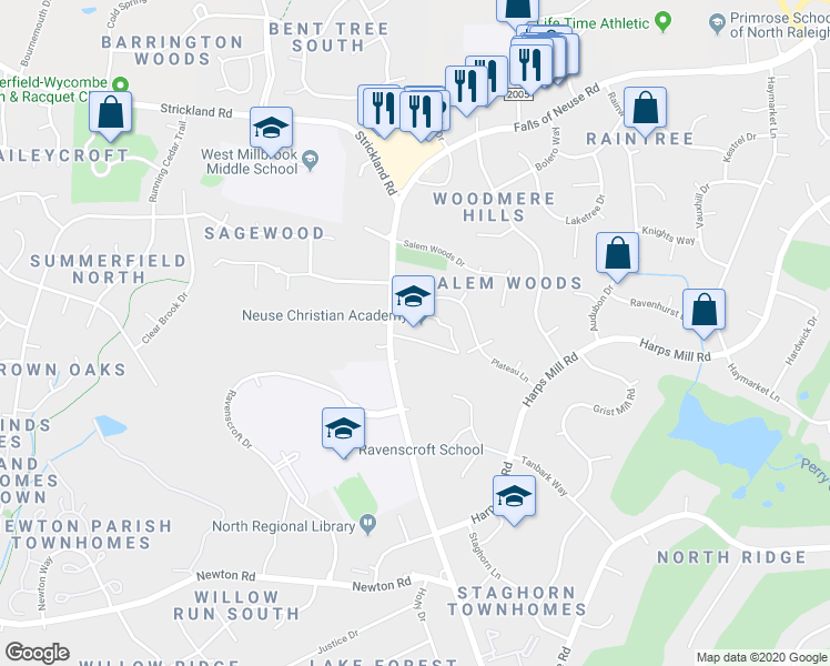 map of restaurants, bars, coffee shops, grocery stores, and more near 7600 Falls of Neuse Road in Raleigh