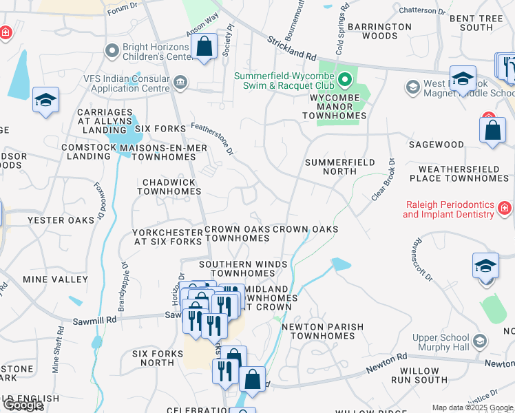 map of restaurants, bars, coffee shops, grocery stores, and more near 7734 Crown Crest Ct in Raleigh