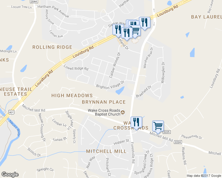 map of restaurants, bars, coffee shops, grocery stores, and more near 7408 Brighton Village Drive in Raleigh