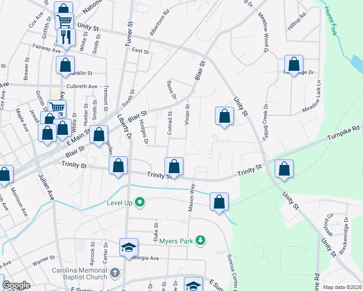 map of restaurants, bars, coffee shops, grocery stores, and more near 102 Vivian Street in Thomasville