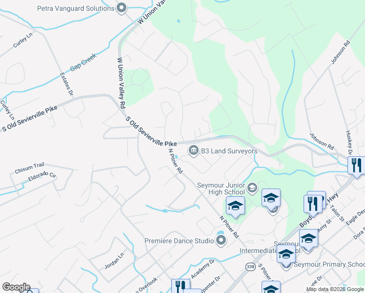 map of restaurants, bars, coffee shops, grocery stores, and more near 555 South Old Sevierville Pike in Seymour