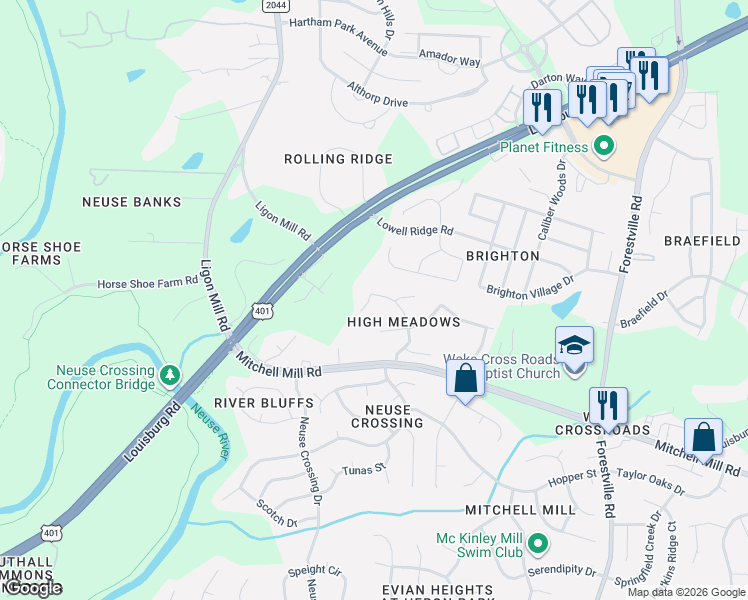 map of restaurants, bars, coffee shops, grocery stores, and more near 8216 Round Oak Road in Raleigh