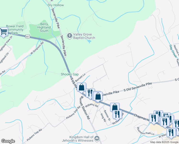 map of restaurants, bars, coffee shops, grocery stores, and more near 130 Burnett Lane in Knoxville