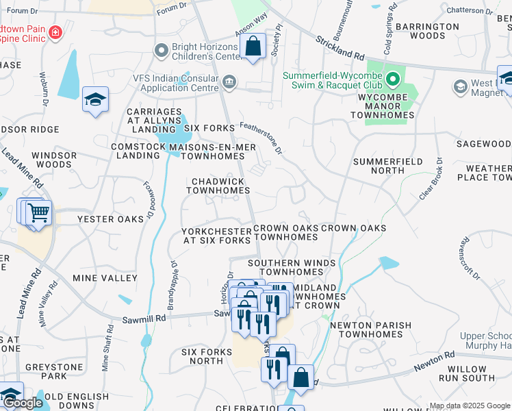 map of restaurants, bars, coffee shops, grocery stores, and more near 7816 Six Forks Road in Raleigh
