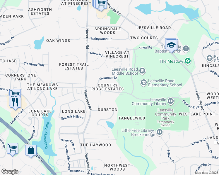 map of restaurants, bars, coffee shops, grocery stores, and more near 5208 Country Trail in Raleigh