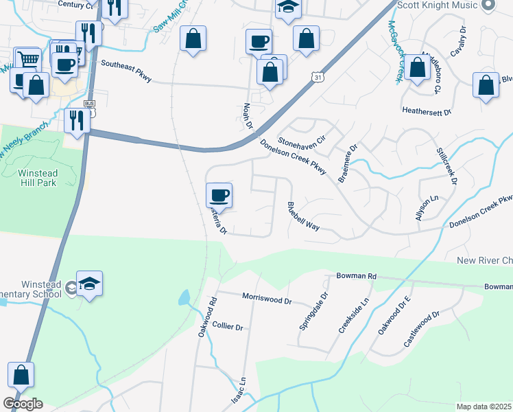 map of restaurants, bars, coffee shops, grocery stores, and more near 608 Wildflower Ct in Franklin