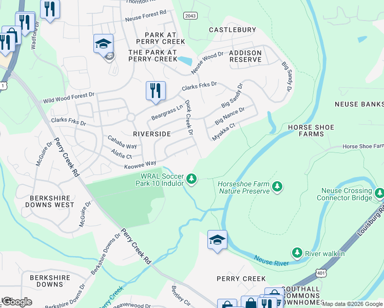 map of restaurants, bars, coffee shops, grocery stores, and more near 8008 Chatahoochie Lane in Raleigh