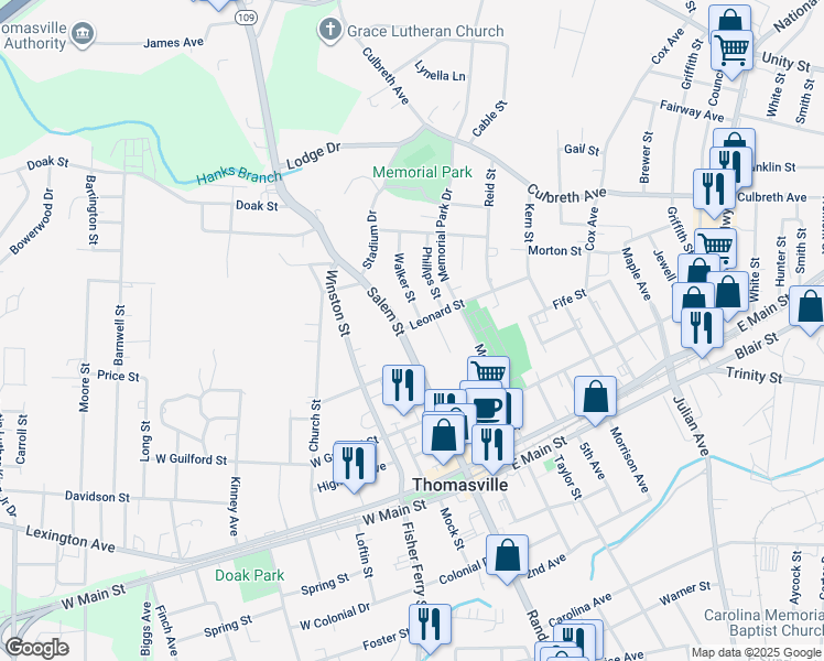 map of restaurants, bars, coffee shops, grocery stores, and more near 215 Salem Street in Thomasville