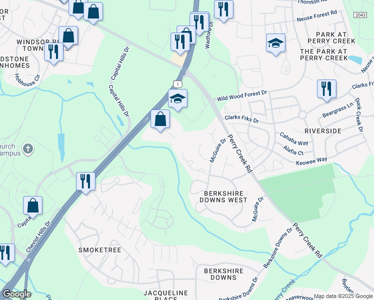 map of restaurants, bars, coffee shops, grocery stores, and more near 8348 Wynewood Court in Raleigh