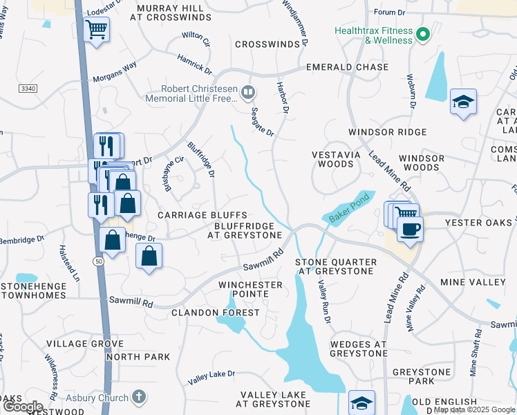 map of restaurants, bars, coffee shops, grocery stores, and more near 1200 Cliffside Circle in Raleigh