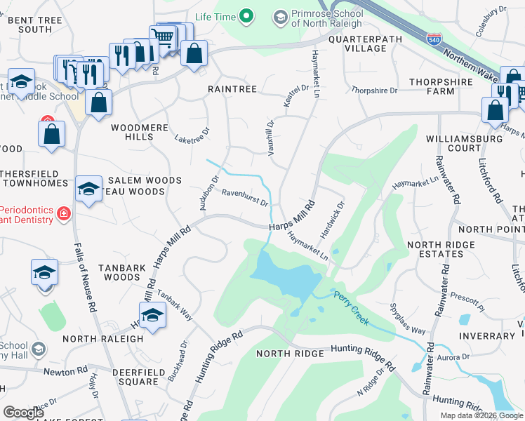 map of restaurants, bars, coffee shops, grocery stores, and more near 1404 Ravenhurst Drive in Raleigh