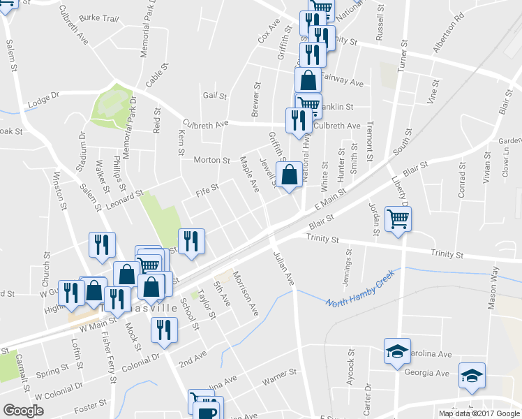 map of restaurants, bars, coffee shops, grocery stores, and more near 12 Maple Avenue in Thomasville
