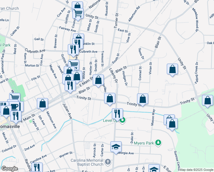 map of restaurants, bars, coffee shops, grocery stores, and more near 11 Jordan Street in Thomasville