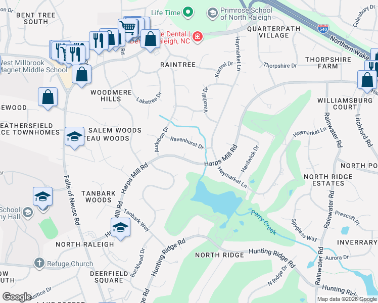 map of restaurants, bars, coffee shops, grocery stores, and more near 1404 Ravenhurst Drive in Raleigh