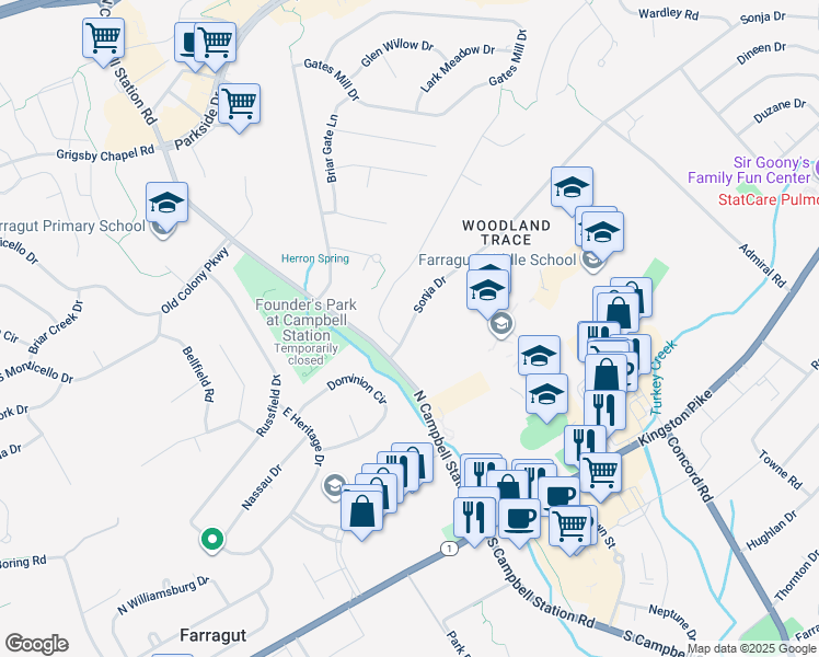 map of restaurants, bars, coffee shops, grocery stores, and more near 11332b Sonja Drive in Farragut