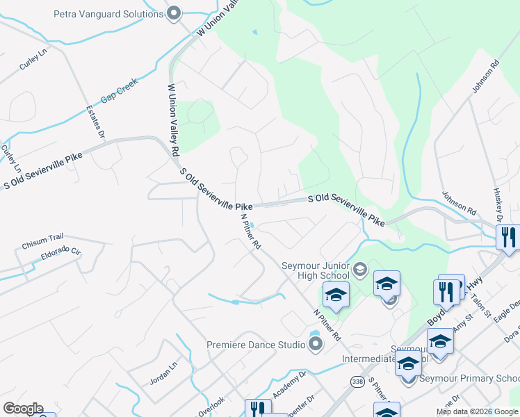 map of restaurants, bars, coffee shops, grocery stores, and more near 559 South Old Sevierville Pike in Seymour