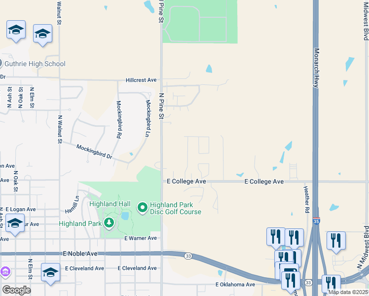 map of restaurants, bars, coffee shops, grocery stores, and more near 1005 Pinebrook Drive in Guthrie