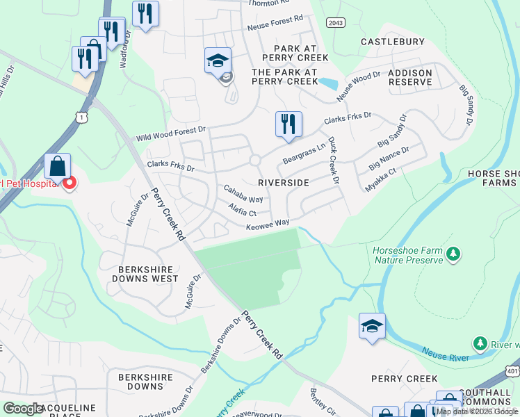 map of restaurants, bars, coffee shops, grocery stores, and more near 5521 Alafia Court in Raleigh