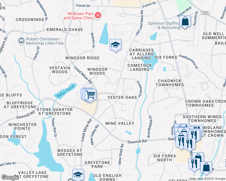 map of restaurants, bars, coffee shops, grocery stores, and more near 900 Paverstone Drive in Raleigh
