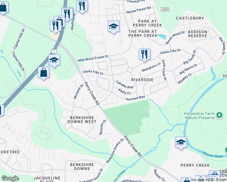 map of restaurants, bars, coffee shops, grocery stores, and more near 5401 Keowee Way in Raleigh