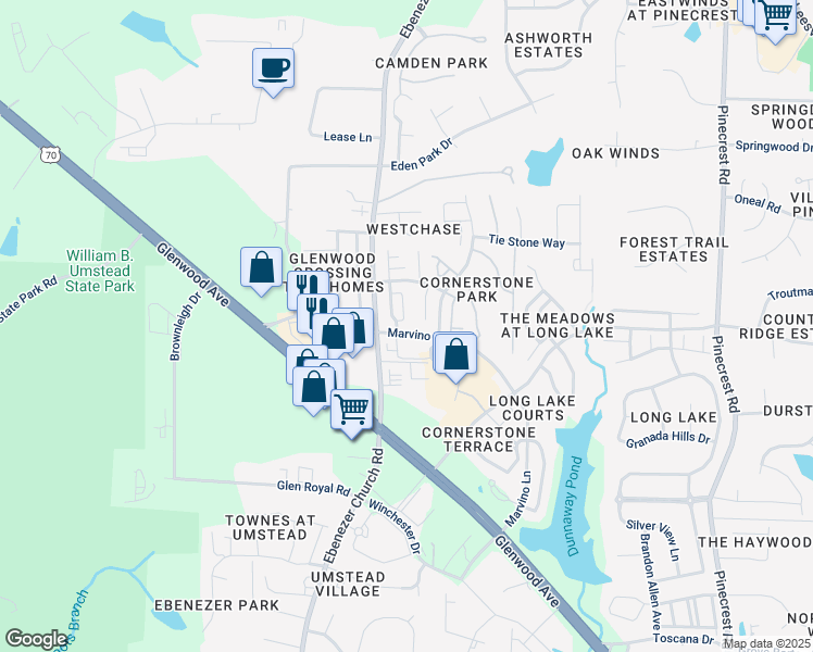map of restaurants, bars, coffee shops, grocery stores, and more near 8202 Belneath Court in Raleigh