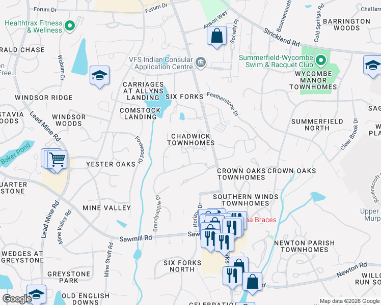 map of restaurants, bars, coffee shops, grocery stores, and more near 201 Hillstone Drive in Raleigh