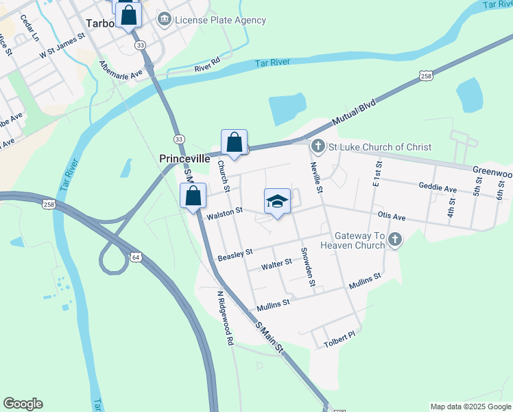 map of restaurants, bars, coffee shops, grocery stores, and more near 305 Walston Street in Princeville