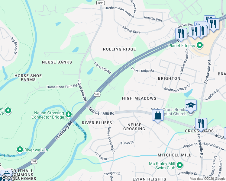 map of restaurants, bars, coffee shops, grocery stores, and more near 3520 Casine Court in Wake Forest
