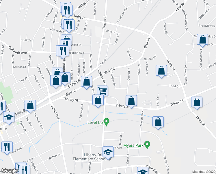 map of restaurants, bars, coffee shops, grocery stores, and more near 9 Liberty Drive in Thomasville