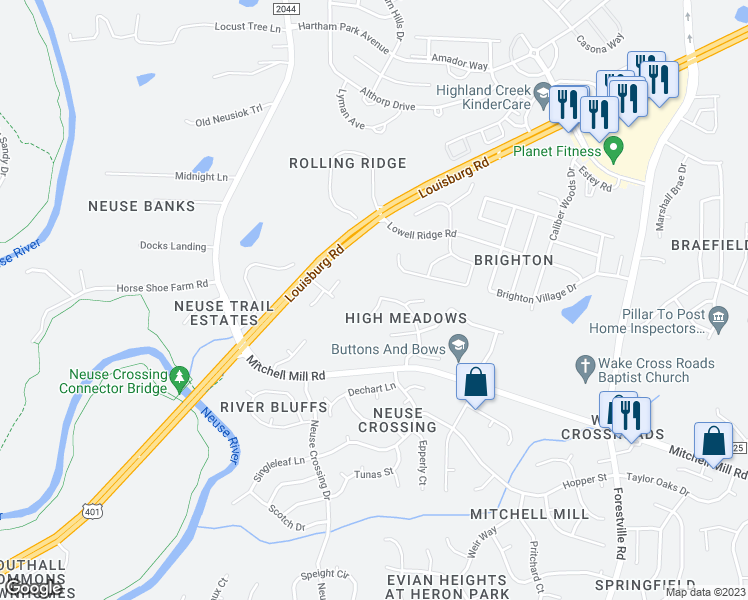 map of restaurants, bars, coffee shops, grocery stores, and more near 8212 Round Oak Road in Raleigh