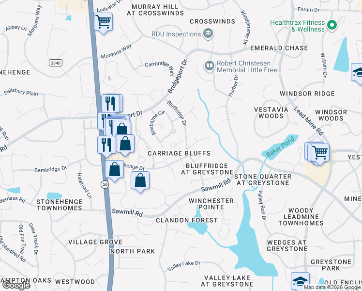 map of restaurants, bars, coffee shops, grocery stores, and more near 1224 Stone Creek Way in Raleigh