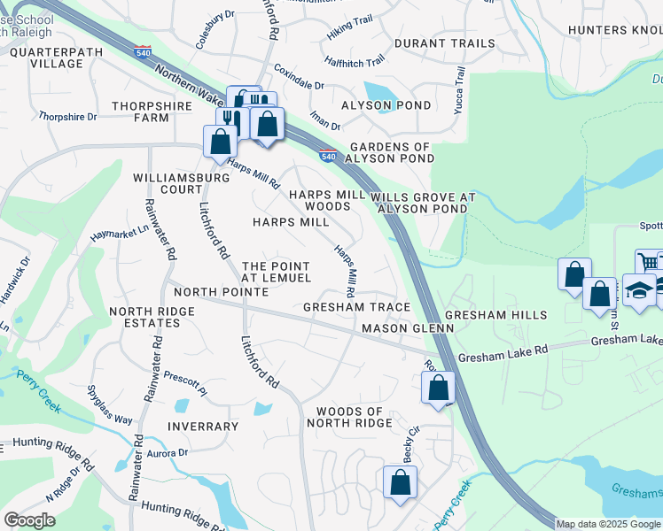 map of restaurants, bars, coffee shops, grocery stores, and more near 7704 Hollyheight Lane in Raleigh