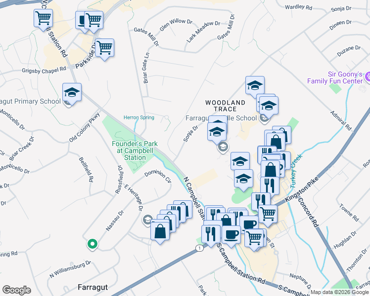 map of restaurants, bars, coffee shops, grocery stores, and more near 11332 Sonja Drive in Knoxville