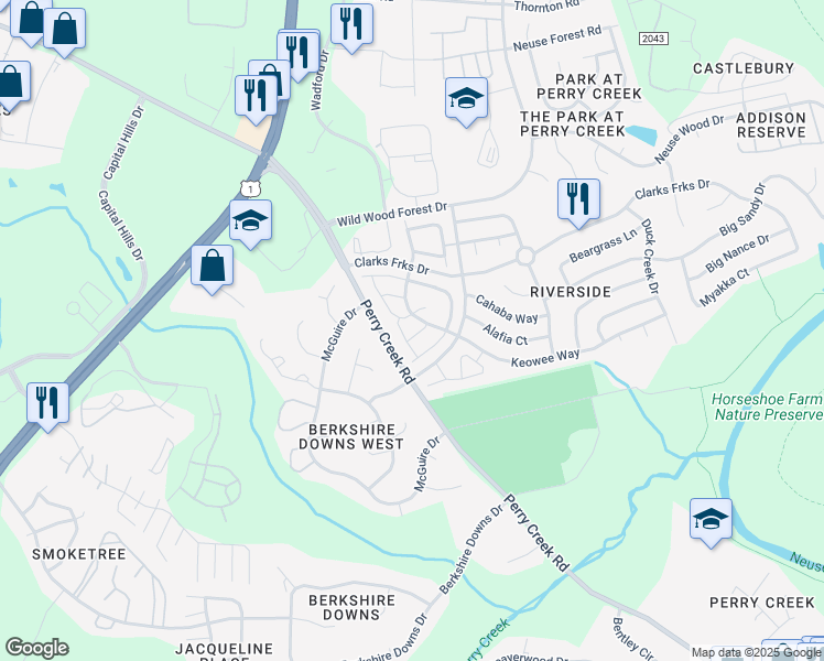 map of restaurants, bars, coffee shops, grocery stores, and more near 5107 Tomasita Court in Raleigh