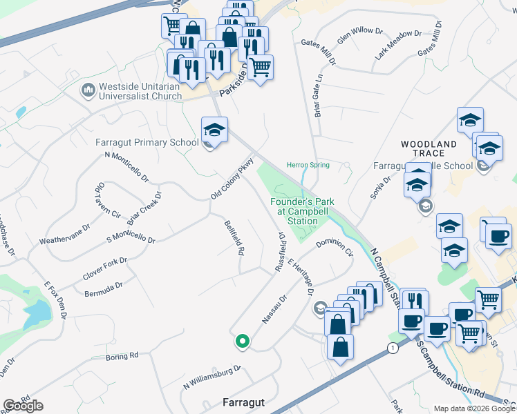 map of restaurants, bars, coffee shops, grocery stores, and more near 433 Russfield Drive in Knoxville