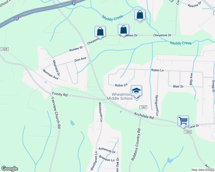 map of restaurants, bars, coffee shops, grocery stores, and more near 210 Robin Circle in Archdale