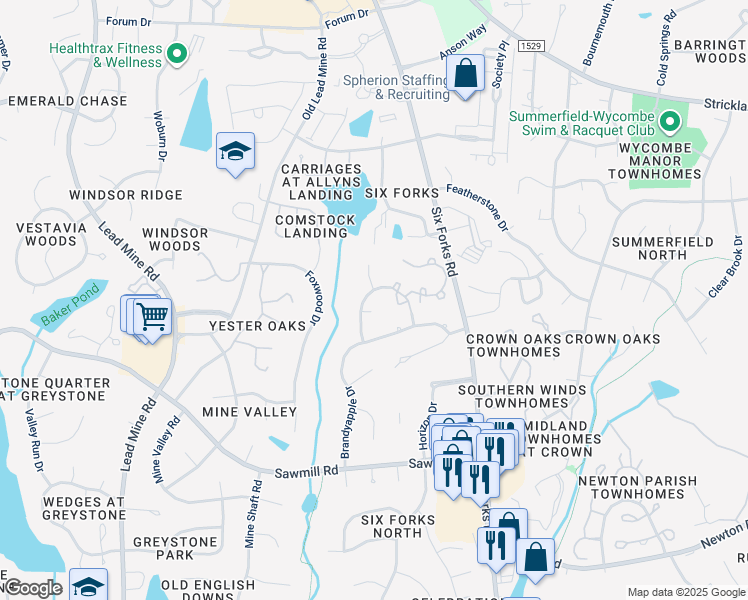 map of restaurants, bars, coffee shops, grocery stores, and more near 301 Hillstone Drive in Raleigh