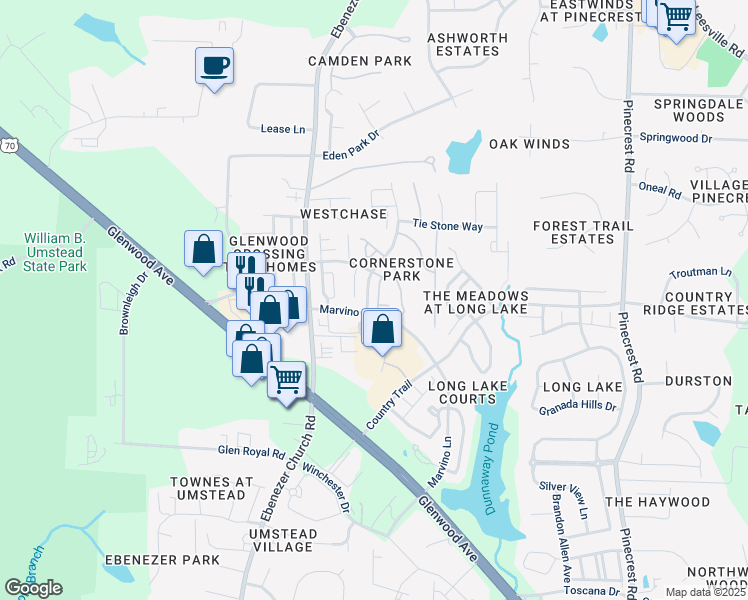map of restaurants, bars, coffee shops, grocery stores, and more near 8207 Beaded Stone Street in Raleigh