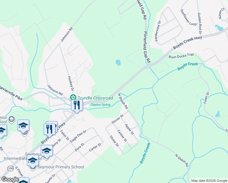 map of restaurants, bars, coffee shops, grocery stores, and more near 1063 Boyds Creek Highway in Seymour