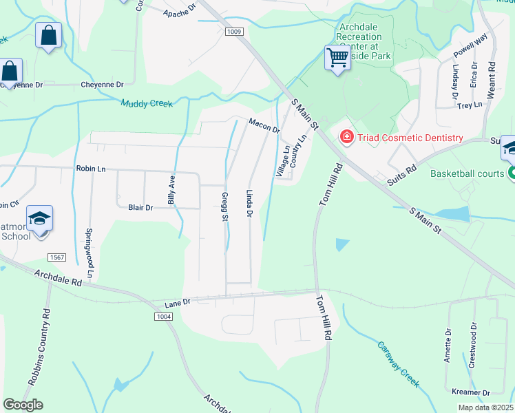 map of restaurants, bars, coffee shops, grocery stores, and more near 209 Linda Drive in Archdale