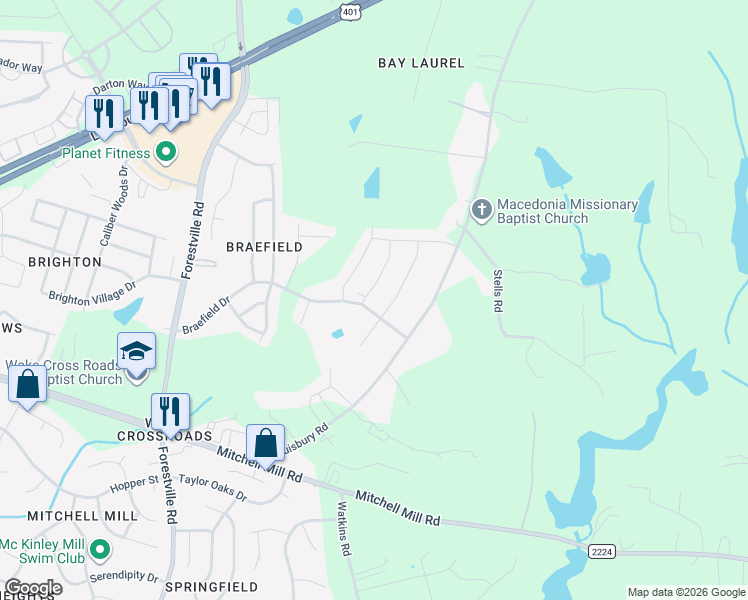 map of restaurants, bars, coffee shops, grocery stores, and more near 3923 Louisbury Road in Wake Forest
