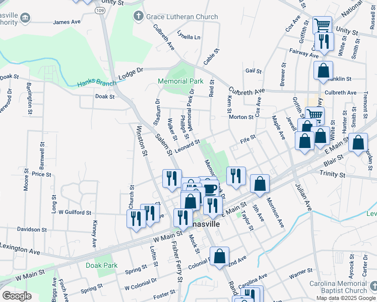 map of restaurants, bars, coffee shops, grocery stores, and more near 215 Salem Street in Thomasville
