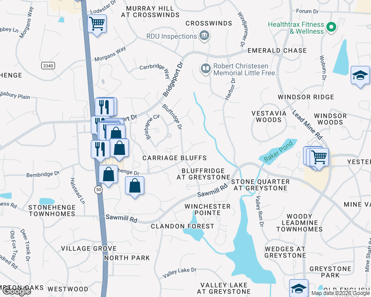 map of restaurants, bars, coffee shops, grocery stores, and more near 1224 Stone Creek Way in Raleigh