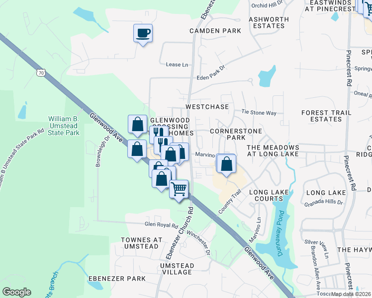 map of restaurants, bars, coffee shops, grocery stores, and more near 8603 ThunderWood Drive in Raleigh