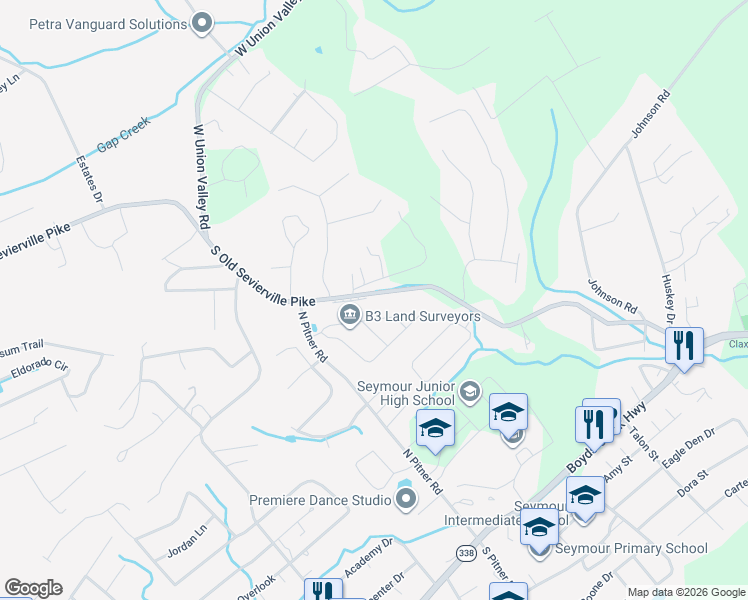 map of restaurants, bars, coffee shops, grocery stores, and more near 533 South Old Sevierville Pike in Seymour