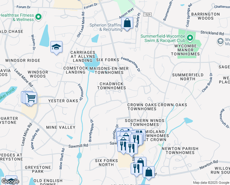 map of restaurants, bars, coffee shops, grocery stores, and more near 34 Renwick Court in Raleigh