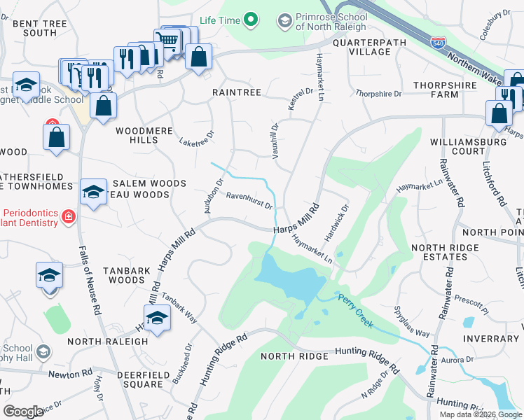 map of restaurants, bars, coffee shops, grocery stores, and more near 1404 Ravenhurst Drive in Raleigh
